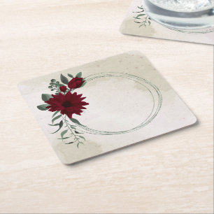 Burgundy flowers greenery square paper coaster