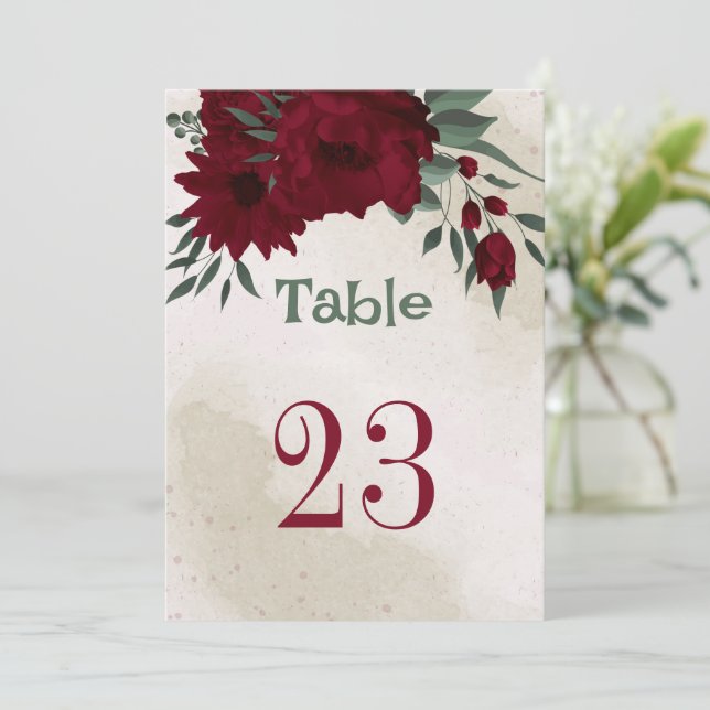Burgundy flowers greenery table number (Standing Front)