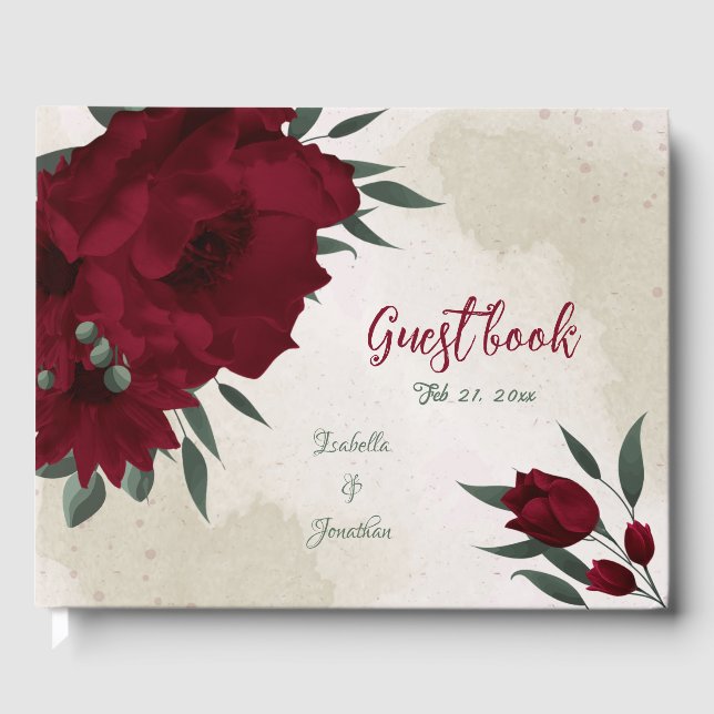 Burgundy flowers greenery wedding guest book (Front)