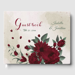 Burgundy flowers greenery wedding guest book