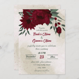 Burgundy flowers greenery wedding invitation