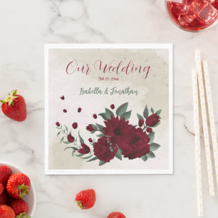 Burgundy flowers greenery wedding napkin