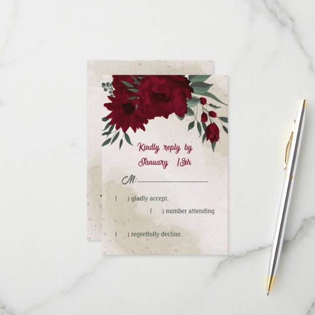 Burgundy flowers greenery wedding RSVP card (Front/Back In Situ)