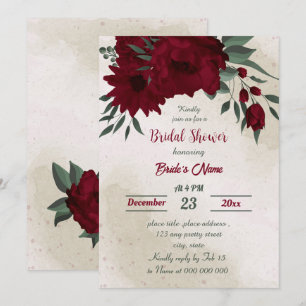 Burgundy flowers greenery wreath bridal shower invitation