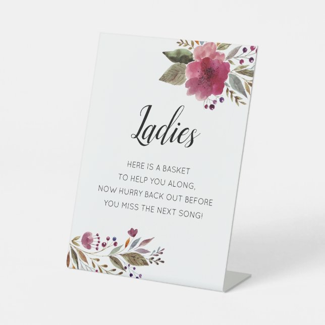 Burgundy Flowers Ladies Bathroom Basket Wedding Pedestal Sign (Front)