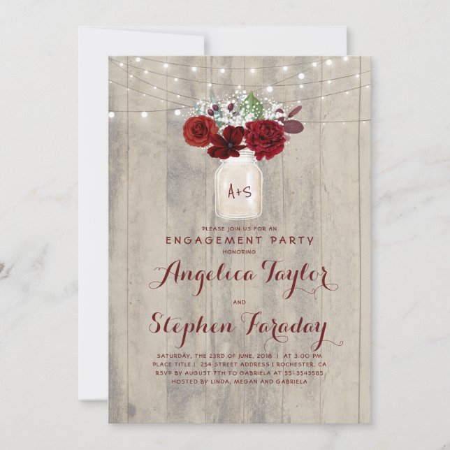 Burgundy Flowers Mason Jar Rustic Engagement Party Invitation (Front)