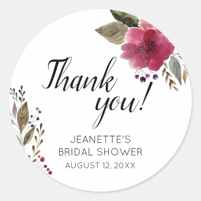 Burgundy Flowers Modern Bridal Shower Thank You Classic Round Sticker (Front)