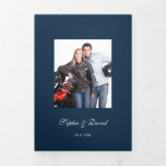 Burgundy Flowers Navy Blue Photo Wedding Tri-Fold Programme<br><div class="desc">Charming Burgundy,  Blush Marsala Floral design. It features gorgeous burgundy,  blush watercolour floral bouquet,  modern handwriting script,  unique floral arrows with hearts as divider,  your photo,  all on a navy blue background. Use Customise tool to add your info. For matching items,  please,  visit my Burgundy Blush Bloom Floral Collection.</div>