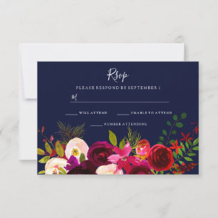 Burgundy Flowers Navy Blue Wedding RSVP Card