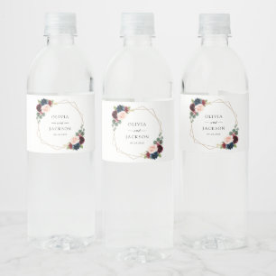 Burgundy Flowers, Navy Flowers, Floral Wedding Water Bottle Label