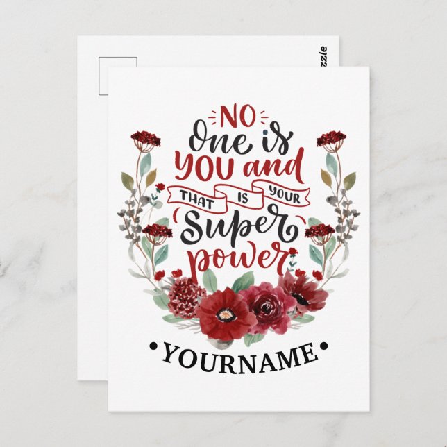 Burgundy Flowers No One Is You & That's Your Power Postcard (Front/Back)