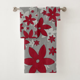 Burgundy flowers on light grey and vines bath towel set