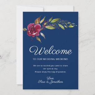 Burgundy Flowers on Navy Blue   Wedding Welcome Invitation