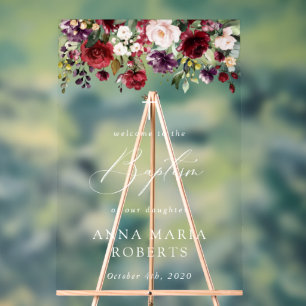 Burgundy Flowers, Pink Flowers, Baptism Welcome Acrylic Sign