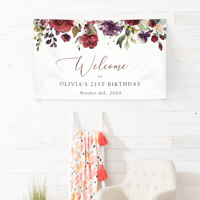 Burgundy Flowers, Pink Flowers, Birthday Welcome Banner (Insitu)