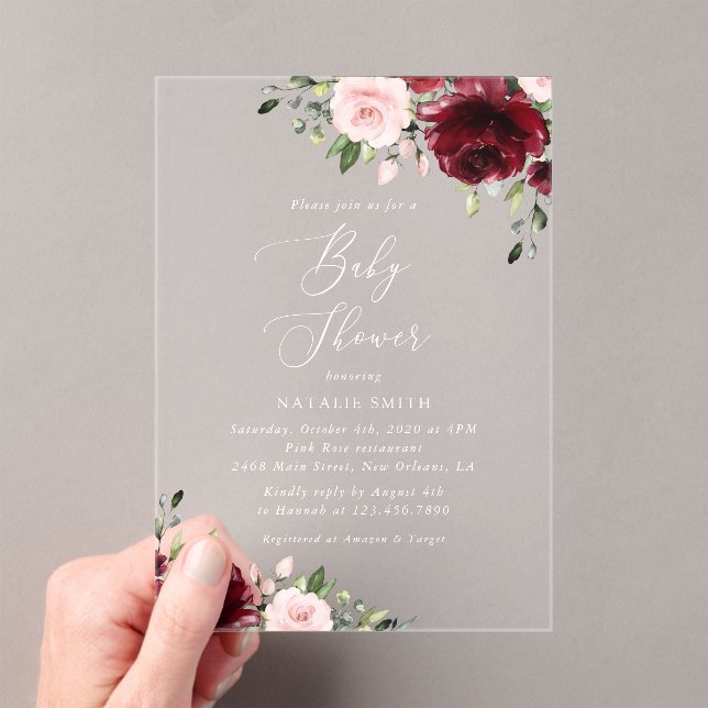 Burgundy Flowers, Pink Flowers, Boho, Baby Shower Acrylic Invitations (Insitu (Handheld))