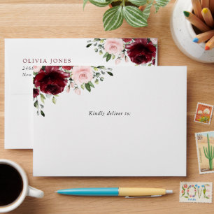 Burgundy Flowers, Pink Flowers, Boho, Baby Shower Envelope