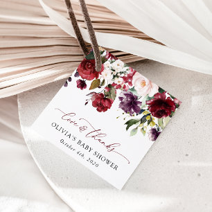 Burgundy Flowers, Pink Flowers, Boho, Baby Shower Favour Tags
