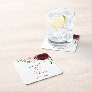 Burgundy Flowers, Pink Flowers, Boho, Baby Shower Square Paper Coaster