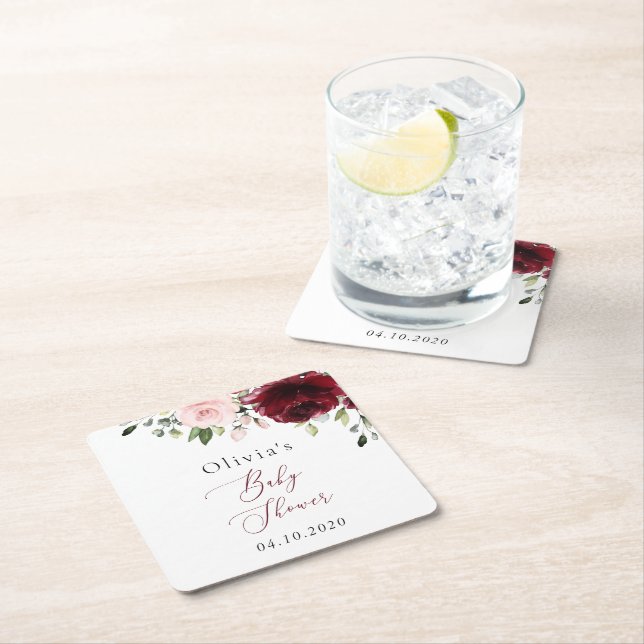 Burgundy Flowers, Pink Flowers, Boho, Baby Shower Square Paper Coaster (Insitu)