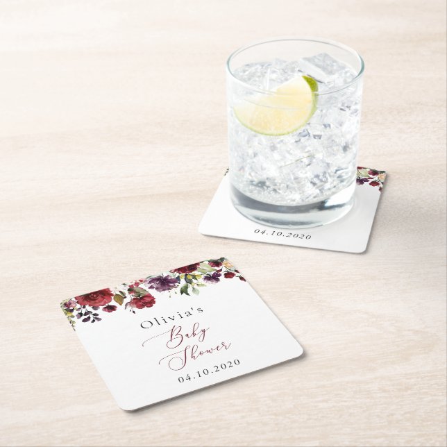 Burgundy Flowers, Pink Flowers, Boho, Baby Shower Square Paper Coaster (Insitu)