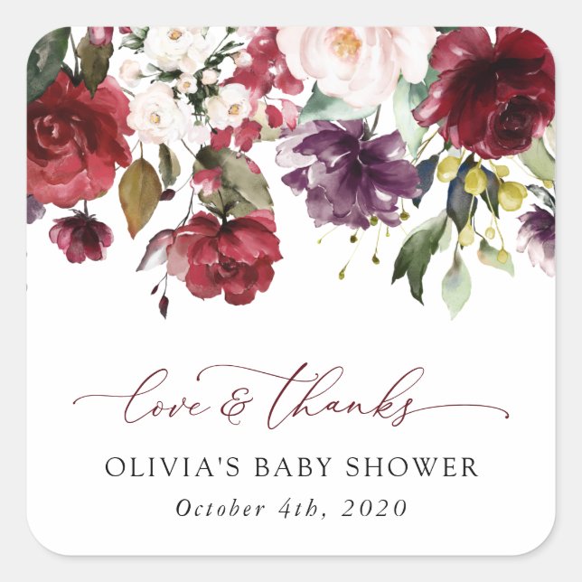 Burgundy Flowers, Pink Flowers, Boho, Baby Shower Square Sticker (Front)