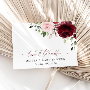 Burgundy Flowers, Pink Flowers, Boho, Baby Shower Thank You Card