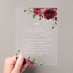 Burgundy Flowers, Pink Flowers, Boho, Birthday Acrylic Invitations