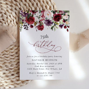Burgundy Flowers, Pink Flowers, Boho, Birthday Invitation