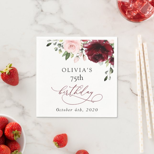 Burgundy Flowers, Pink Flowers, Boho, Birthday Napkin (Insitu)