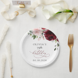Burgundy Flowers, Pink Flowers, Boho, Birthday Paper Plate