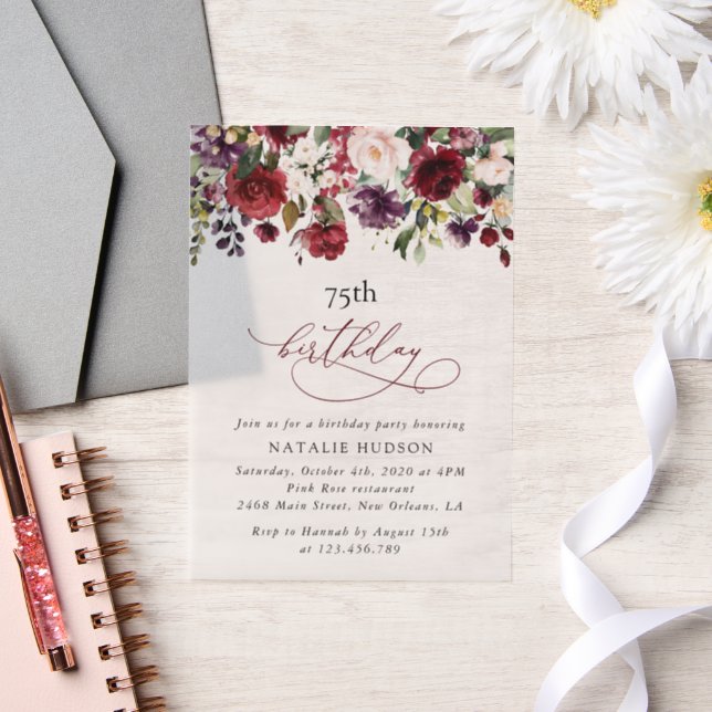 Burgundy Flowers, Pink Flowers, Boho, Birthday Vellum Invitations (Wedding)