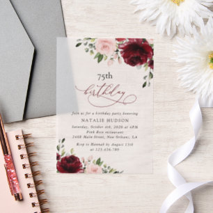 Burgundy Flowers, Pink Flowers, Boho, Birthday Vellum Invitations