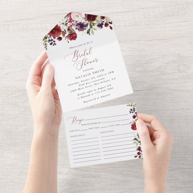 Burgundy Flowers, Pink Flowers, Boho Bridal Shower All In One Invitation (Tearaway)