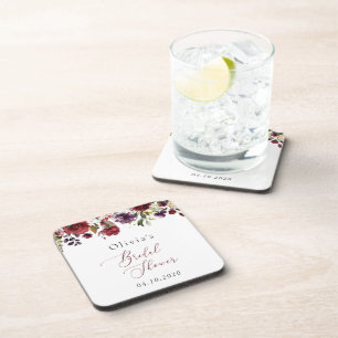 Burgundy Flowers, Pink Flowers, Boho Bridal Shower Coaster