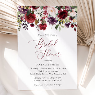 Burgundy Flowers, Pink Flowers, Boho Bridal Shower Invitation