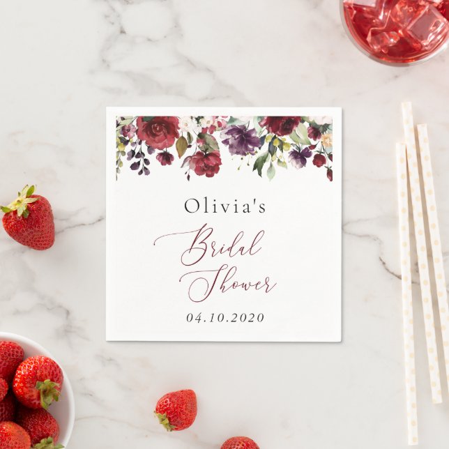 Burgundy Flowers, Pink Flowers, Boho Bridal Shower Napkin (Insitu)