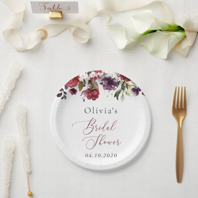 Burgundy Flowers, Pink Flowers, Boho Bridal Shower Paper Plate (Wedding)