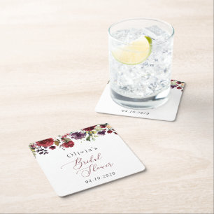 Burgundy Flowers, Pink Flowers, Boho Bridal Shower Square Paper Coaster
