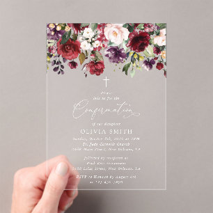Burgundy Flowers, Pink Flowers, Boho, Confirmation Acrylic Invitations