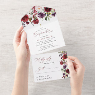 Burgundy Flowers, Pink Flowers, Boho, Confirmation All In One Invitation