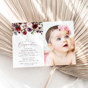 Burgundy Flowers, Pink Flowers, Boho, Confirmation Invitation