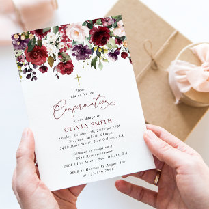 Burgundy Flowers, Pink Flowers, Boho, Confirmation Invitation
