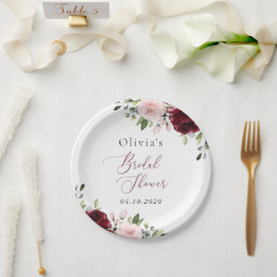 Burgundy Flowers, Pink Flowers, Bridal Shower Paper Plate