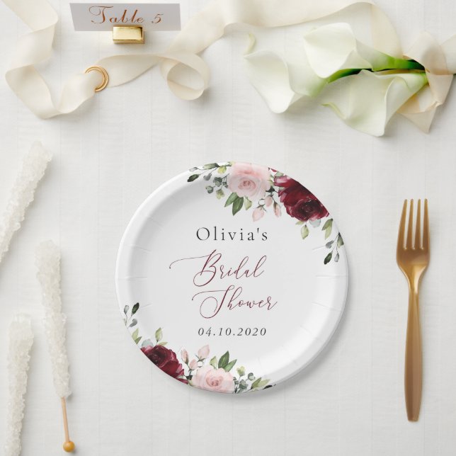 Burgundy Flowers, Pink Flowers, Bridal Shower Paper Plate (Wedding)