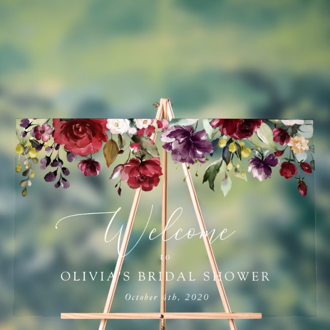 Burgundy Flowers, Pink Flowers, Bridal Welcome Acrylic Sign (Neutral)