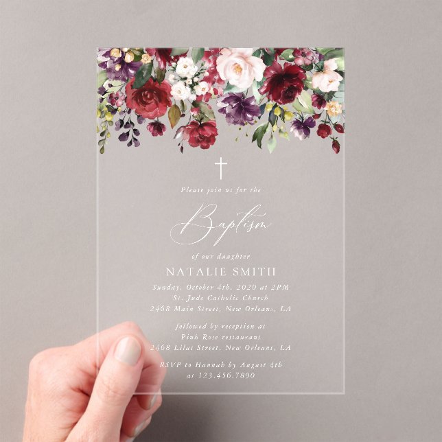 Burgundy Flowers, Pink Flowers, Floral Baptism Acrylic Invitations (Insitu (Handheld))