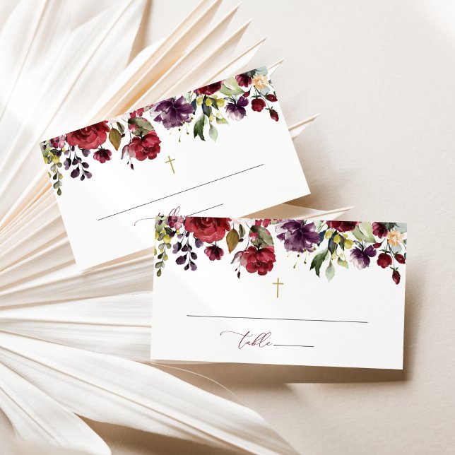 Burgundy Flowers, Pink Flowers, Floral Baptism Place Card (Creator Uploaded)