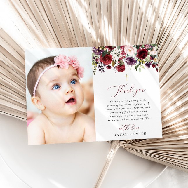 Burgundy Flowers, Pink Flowers, Floral Baptism Thank You Card (Creator Uploaded)