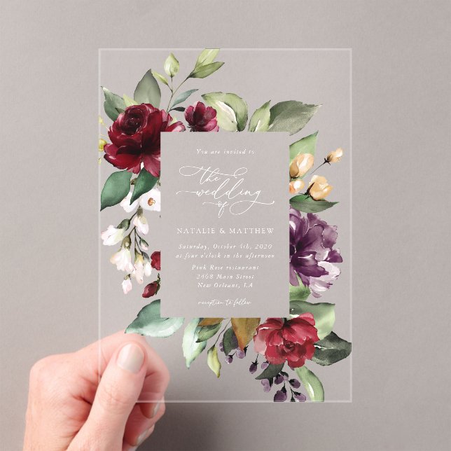 Burgundy Flowers, Pink Flowers, Greenery, Wedding Acrylic Invitations (Insitu (Handheld))